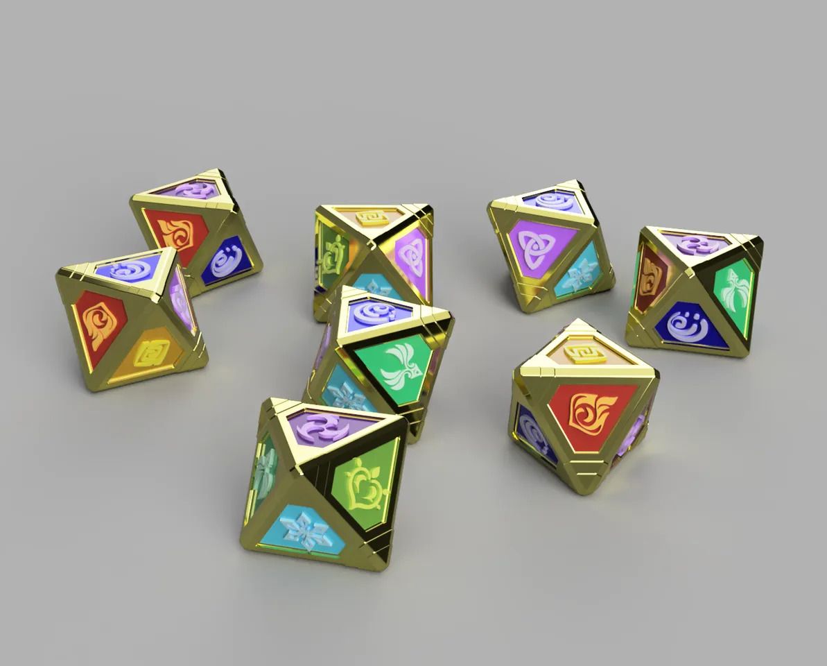 A group of multi-sided dice

Description automatically generated