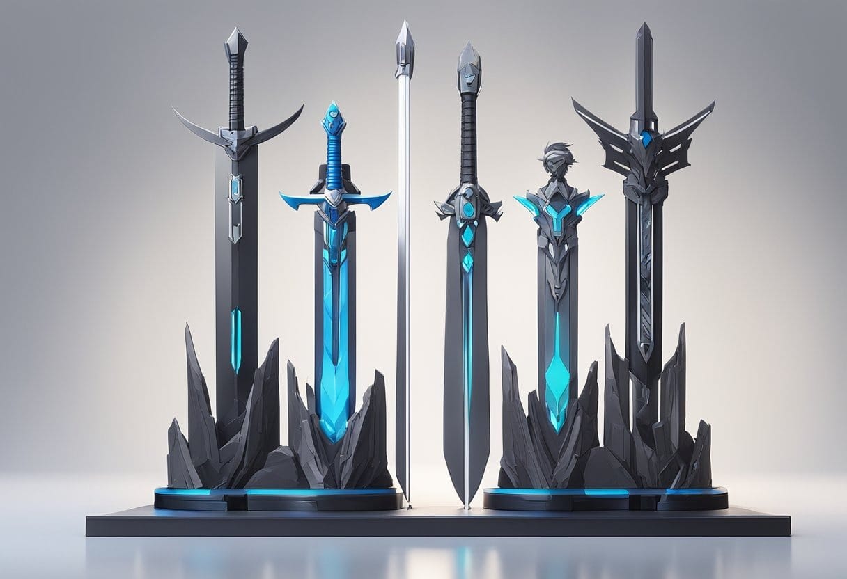 3D printed anime swords arranged on a sleek, futuristic display stand